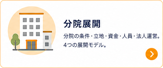 分院展開｜分院の条件・立地・資金・人員・法人運営。4つの展開モデル。
